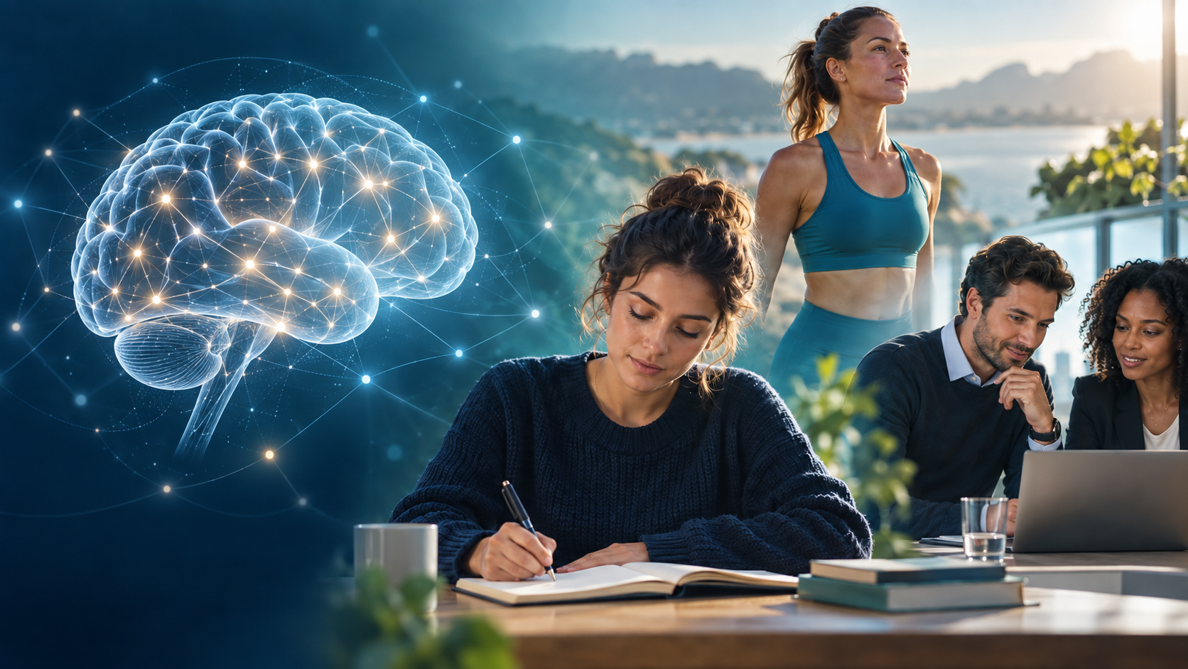 Cerveau lumineux relié à des personnes concentrées : écriture au bureau, échange devant un ordinateur et préparation sportive